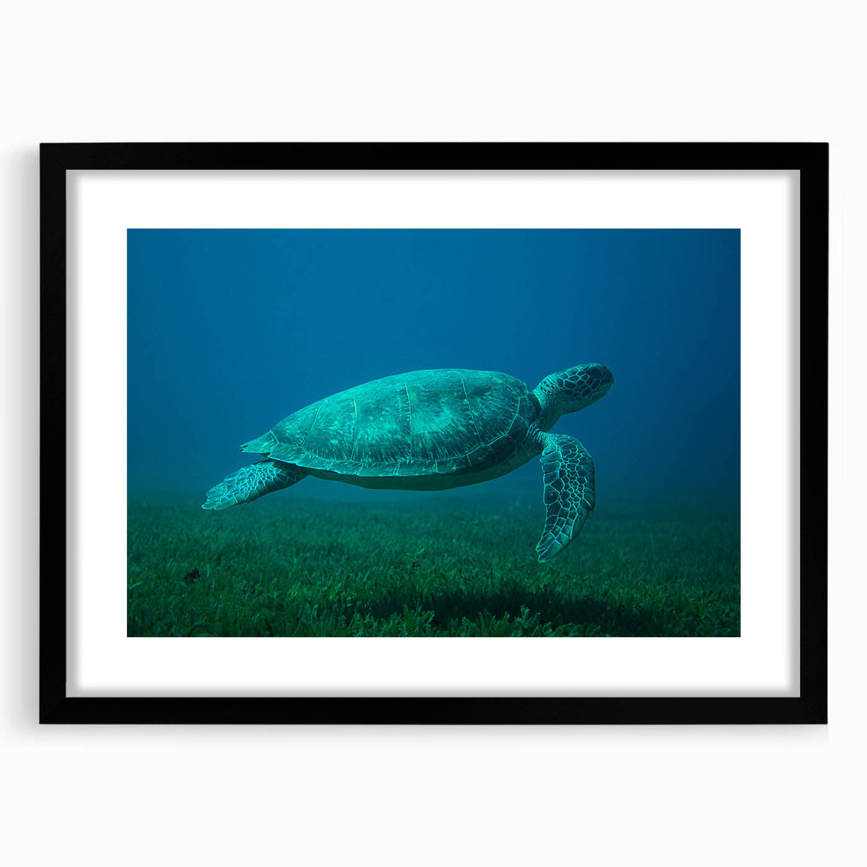 Extra large abstract art print of Caribbean scenery in vibrant colors on textured canvas, framed in black.
