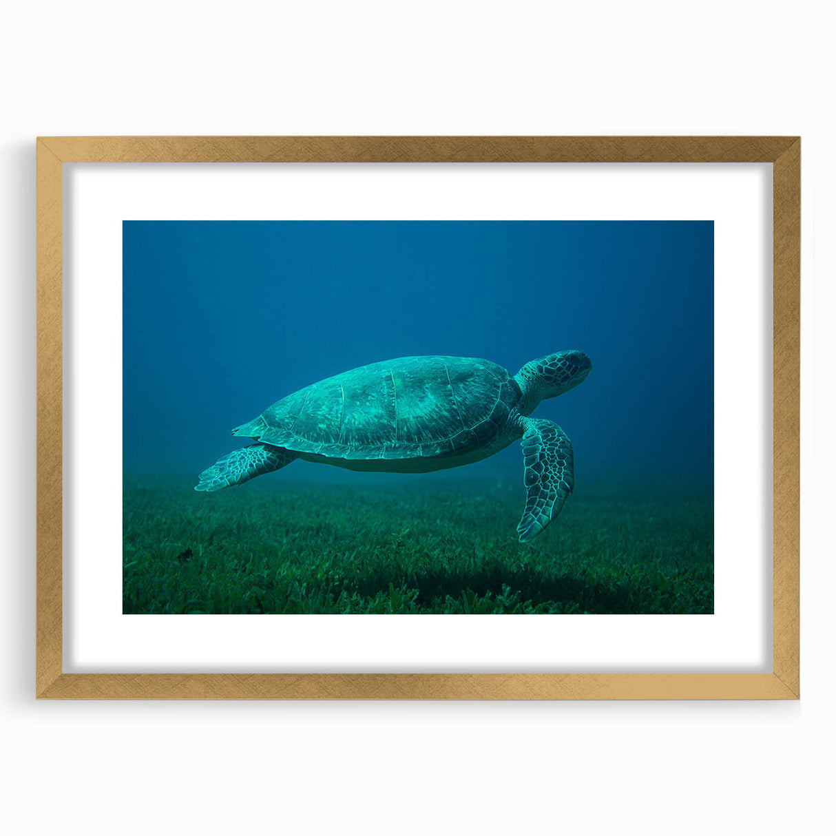 Textured abstract art print of Caribbean scenery in gold frame, ideal for bedroom wall decor.