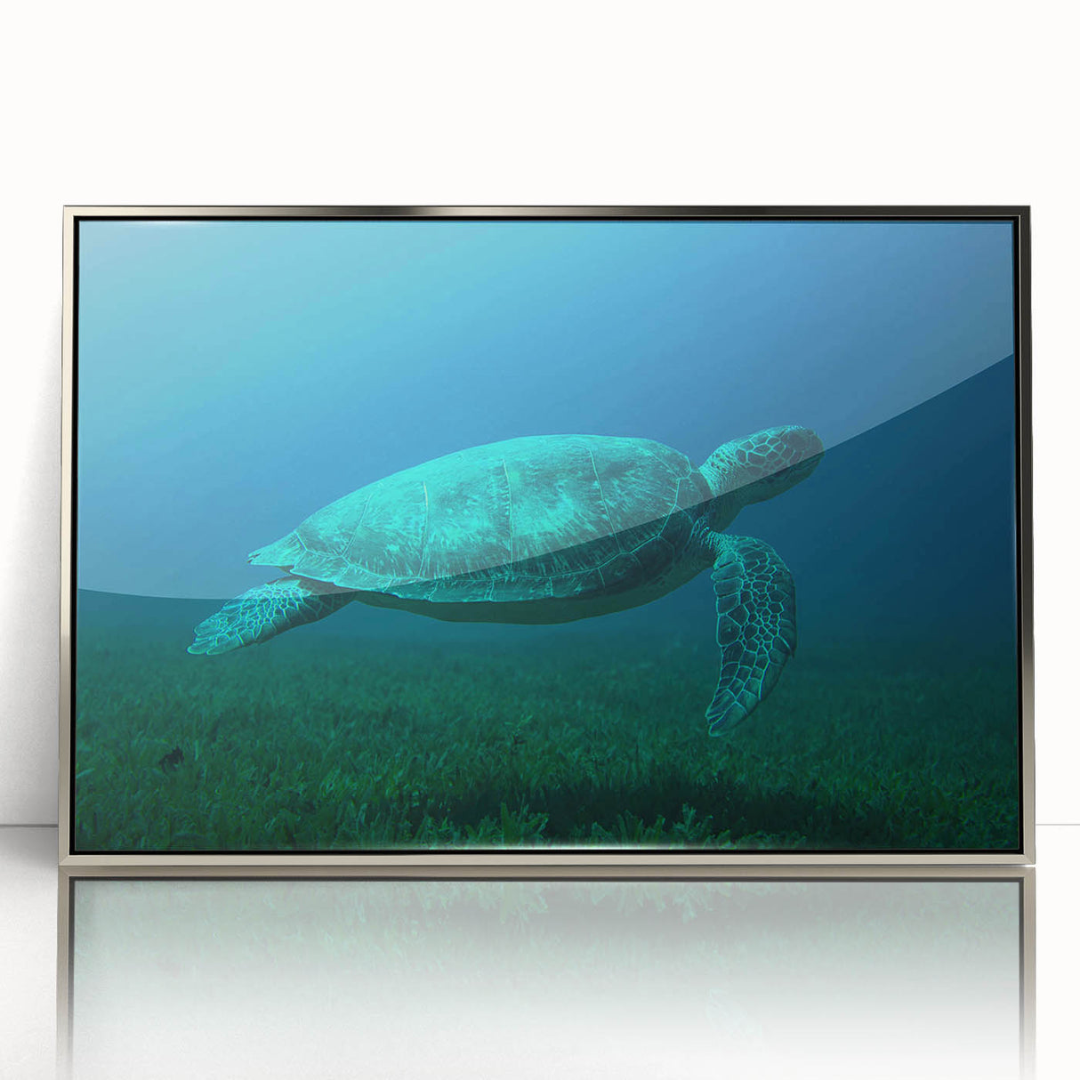 Large art print of a Caribbean Martinique scenery in mid-century modernist style, with vibrant blue and green tones.