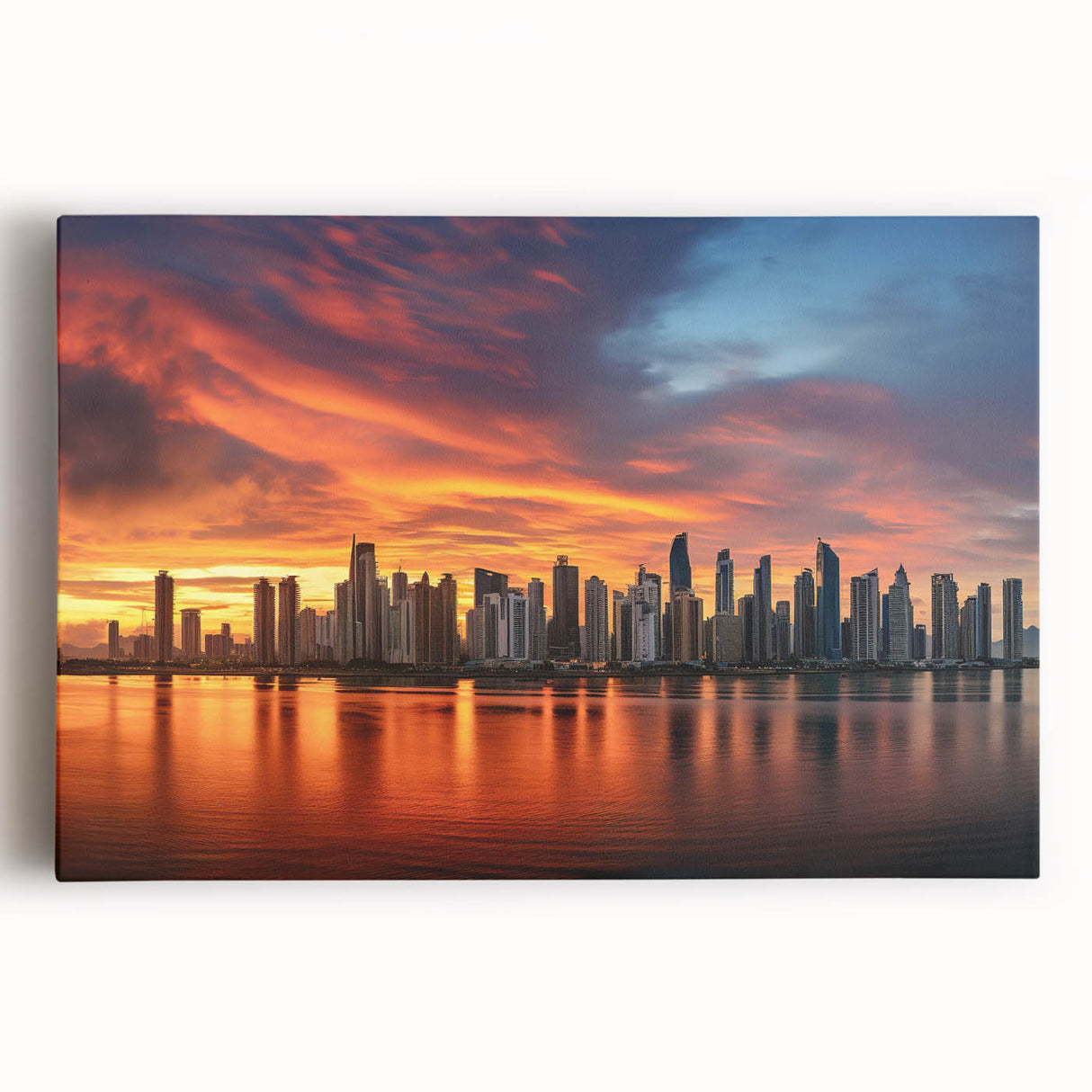 Large black and white panoramic photo of Panama City skyline on stretched canvas, ideal for kitchen wall art.