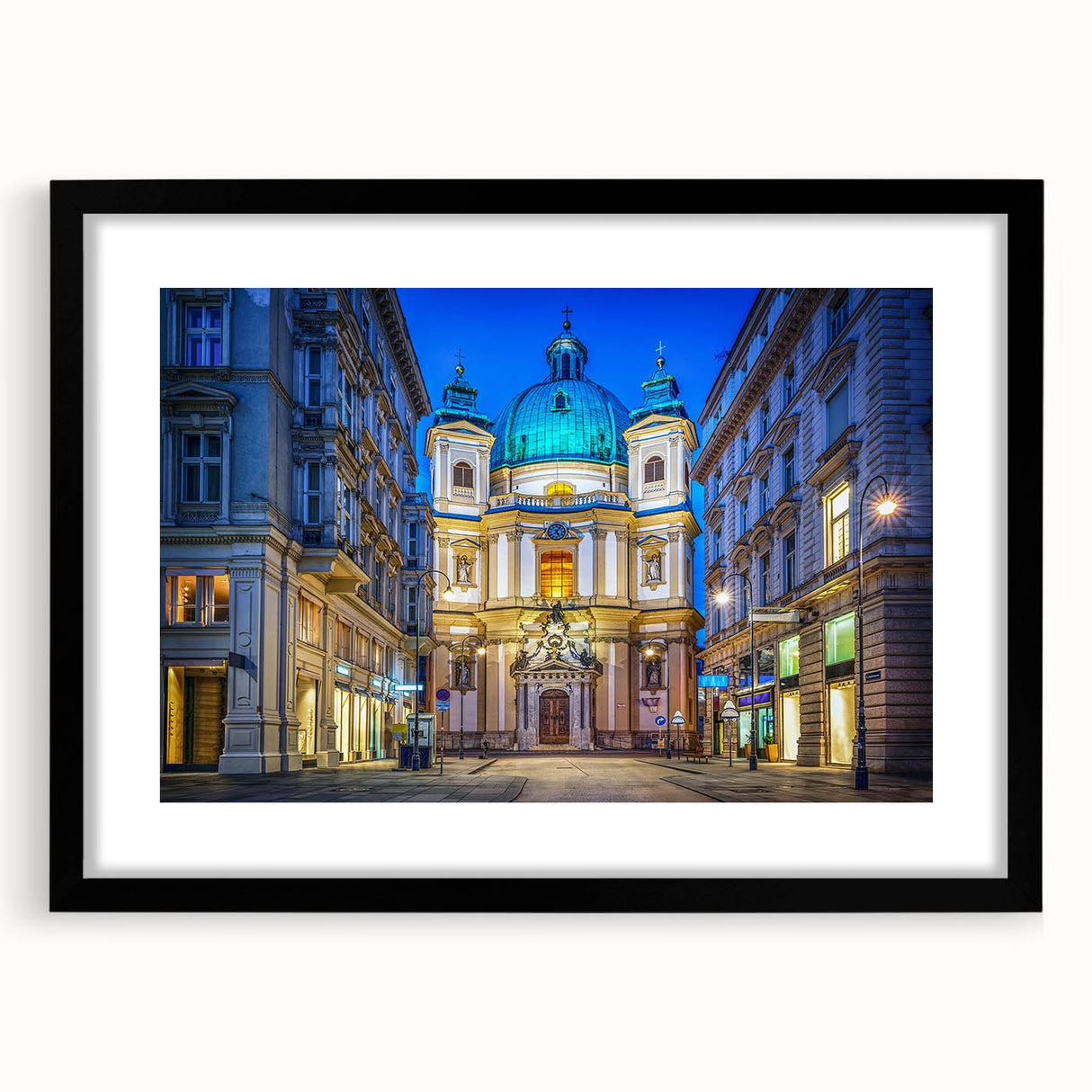 Extra large abstract art print of vibrant, colorful Austrian scenery on textured canvas, framed in black.