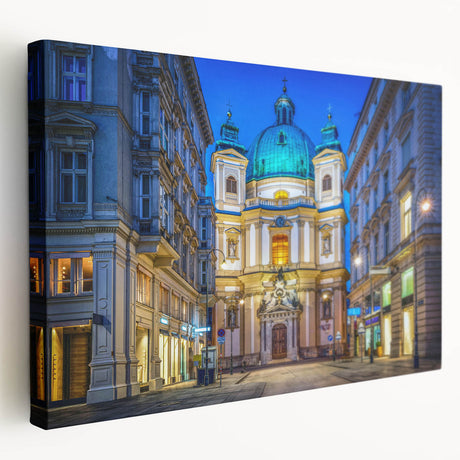 Large art depicting a serene Austrian landscape in muted green and blue tones on stretched canvas.