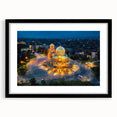 Extra large abstract art print of colorful, textured European scenery on a black framed canvas, ideal for living room decor.