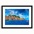 Colorful abstract art print of a European scenery in Croatia, featuring vibrant hues on a textured.