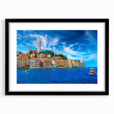 Colorful abstract art print of a European scenery in Croatia, featuring vibrant hues on a textured.