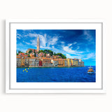 Textured abstract art print of a Croatian landscape in muted earth tones on a framed white mat, suitable for bedroom decor.