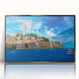 Art deco poster of a Croatian landscape in gold frame, acrylic print, suitable for modern art wall decor or nursery.