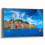 Framed canvas depicting a vintage-style Croatian landscape in muted earth tones, ideal for bedroom wall art.