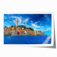 Rolled canvas print featuring a scenic European Croatian landscape in muted earth tones, ideal for dining room wall art.