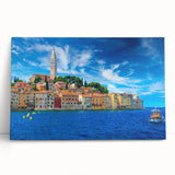 Black and white photograph of a European coastal town on stretched canvas, ideal for kitchen wall art.