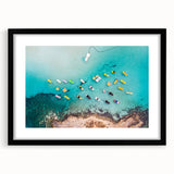 Extra large abstract art print of a colorful, textured European scenery on a black framed canvas.
