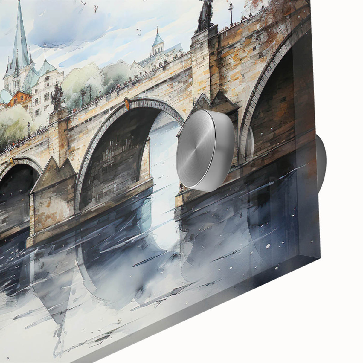 Large abstract wall art of Prague scenery in muted earth tones on acrylic glass, ideal for dining room ambiance.