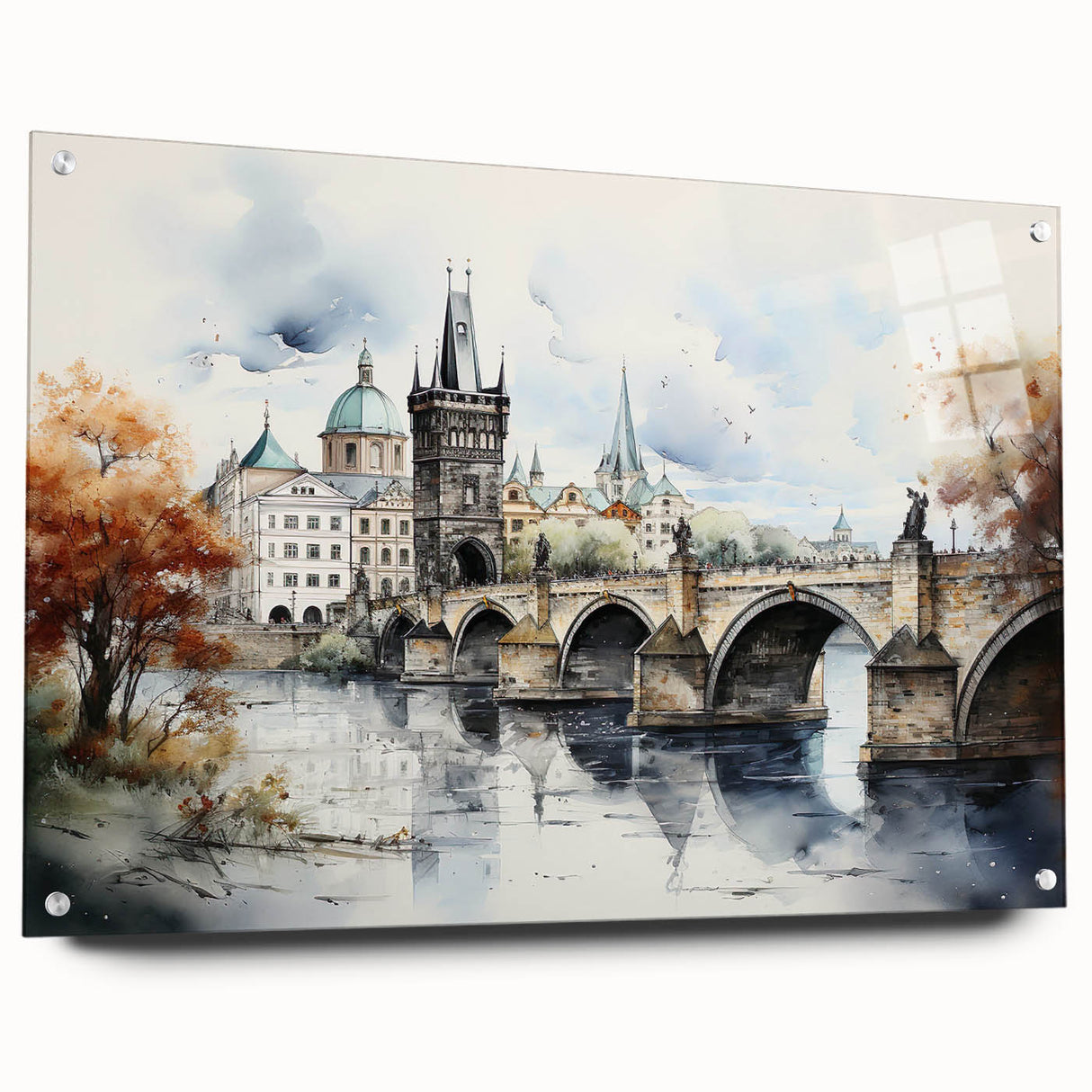 Acrylic print of Prague cityscape with muted blue and gray tones, ideal for dining room decor.