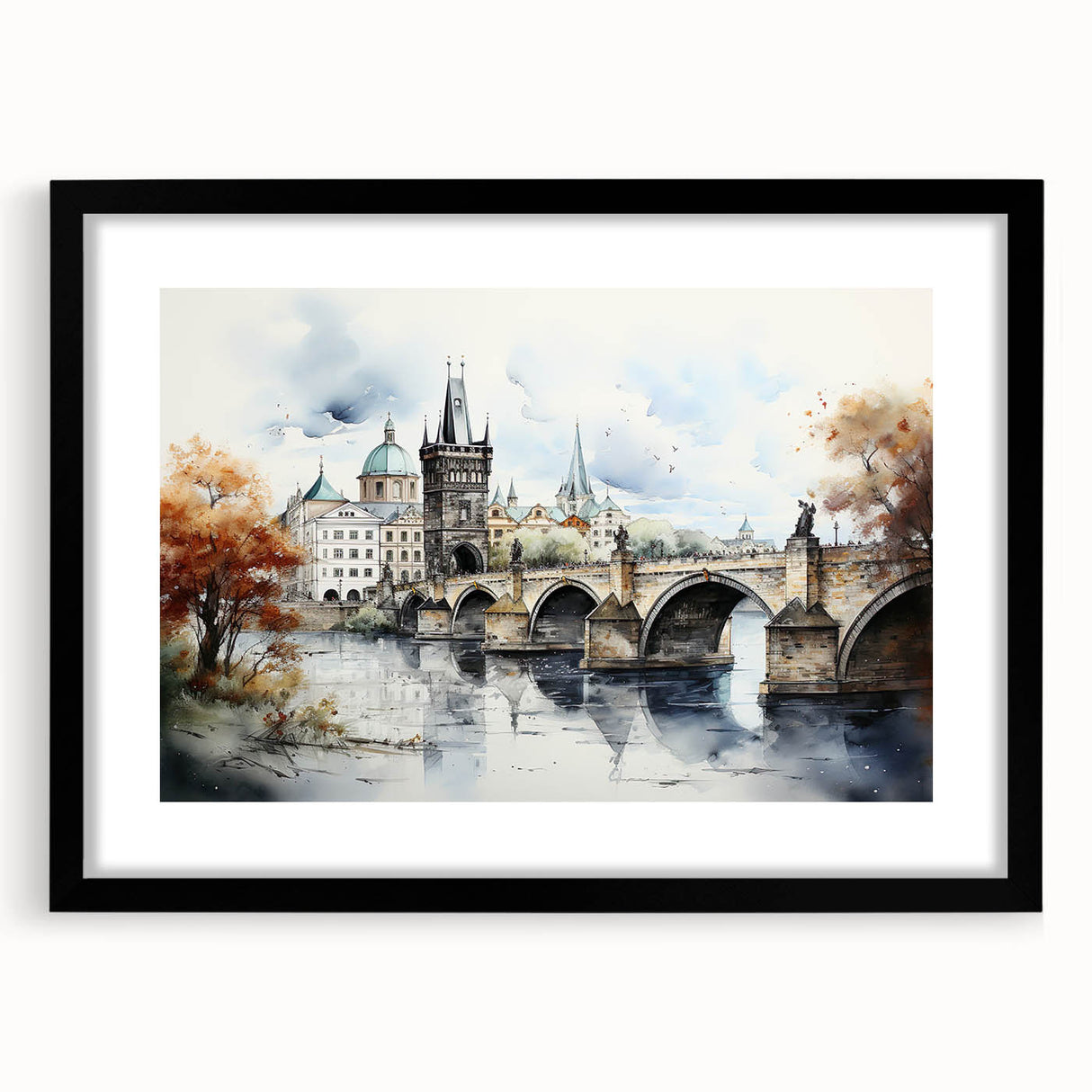Extra large framed print of a colorful, abstract Prague cityscape in textured style, ideal for living room decor.