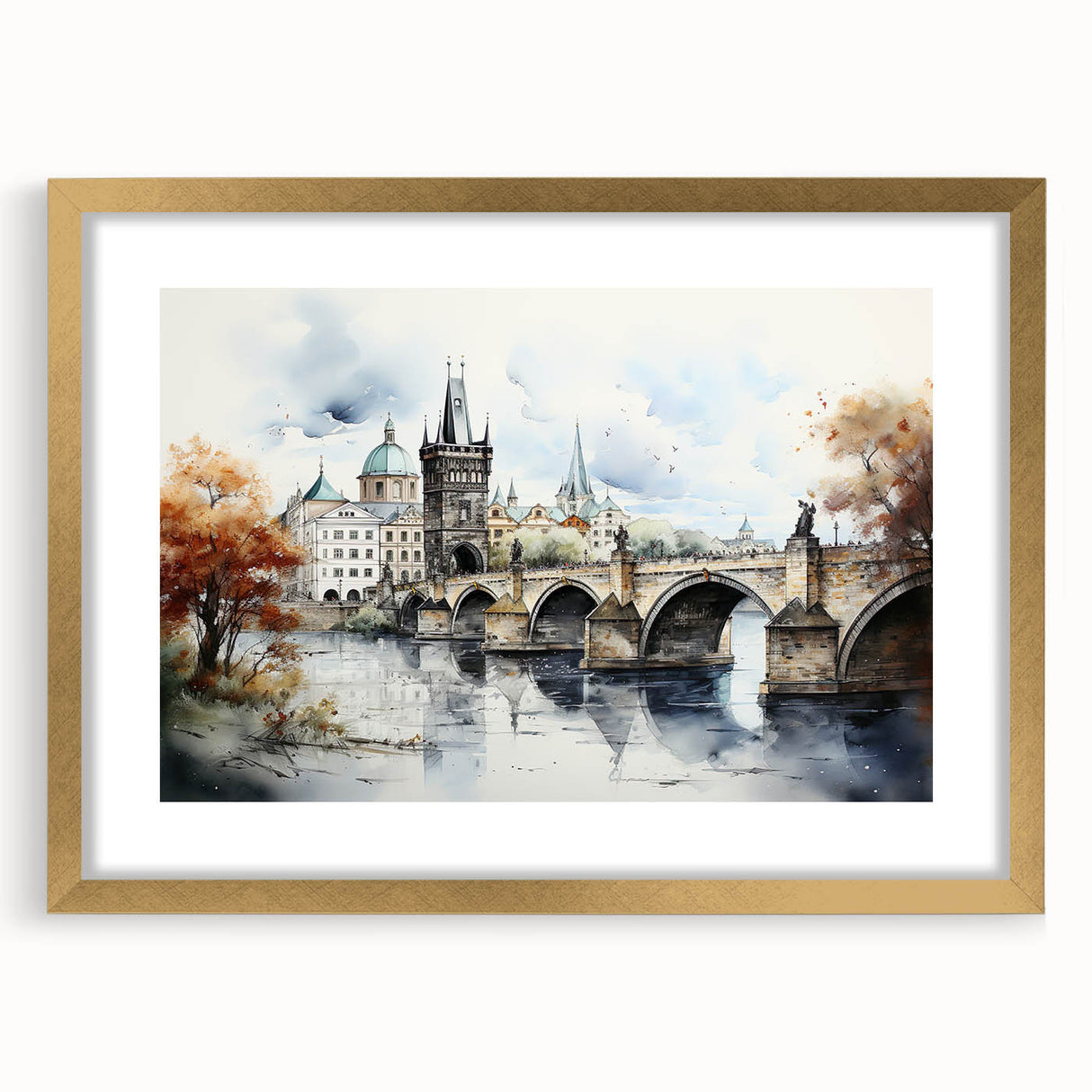 Abstract art print of Prague in gold frame, featuring muted earth tones, ideal for dining room decor.