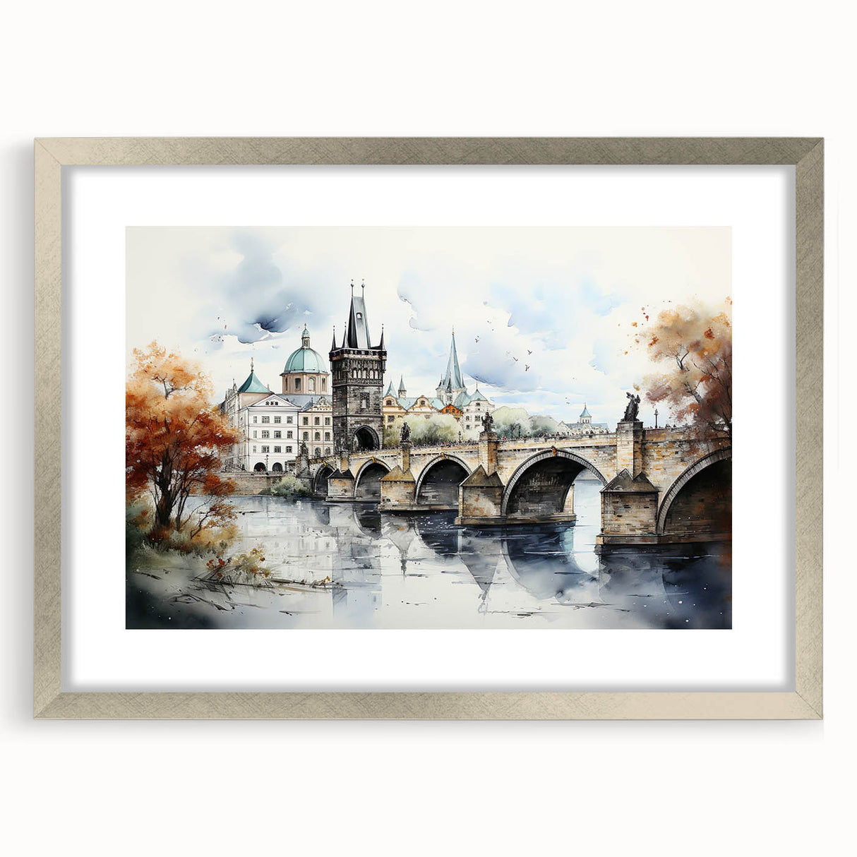 Extra large abstract art print of Prague cityscape in textured silver frame, ideal for living room decor.
