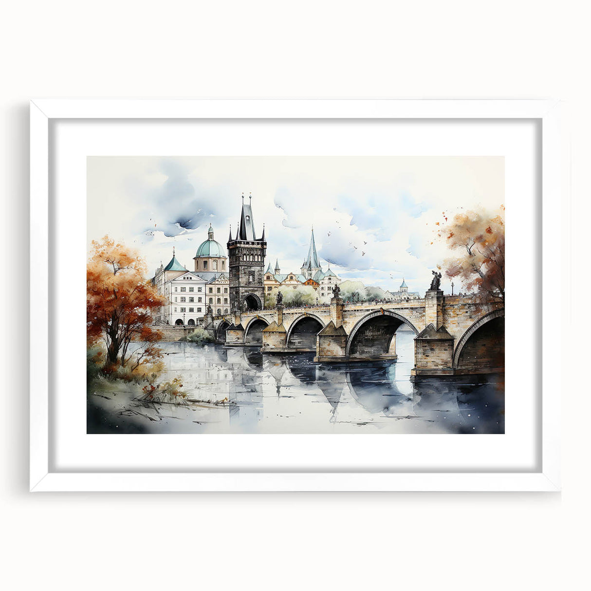 Textured art print of Prague scenery in muted earth tones on a framed white mat, ideal for bedroom art.