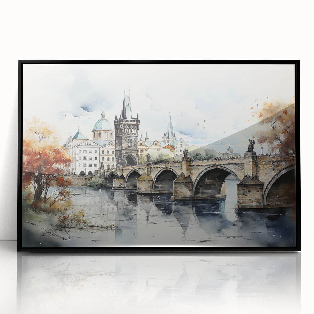 Large abstract wall art depicting Prague's skyline in black and white tones on a framed acrylic.
