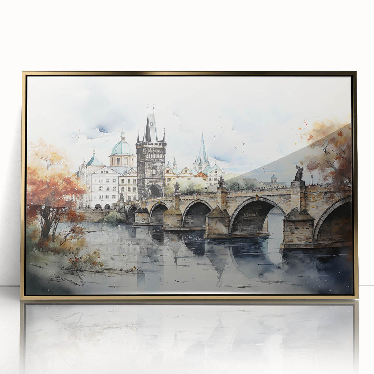 Art deco poster of Prague scenery in muted gold and blue tones on acrylic, ideal for modern art wall decor.