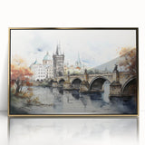 Art deco poster of Prague scenery in muted gold and blue tones on acrylic, ideal for modern art wall decor.