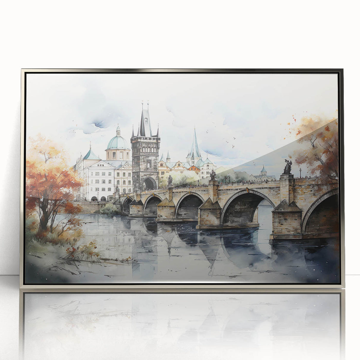 Acrylic print of Prague scenery in muted earth tones, framed in silver, suitable for modern art wall decor.