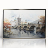 Acrylic print of Prague scenery in muted earth tones, framed in silver, suitable for modern art wall decor.