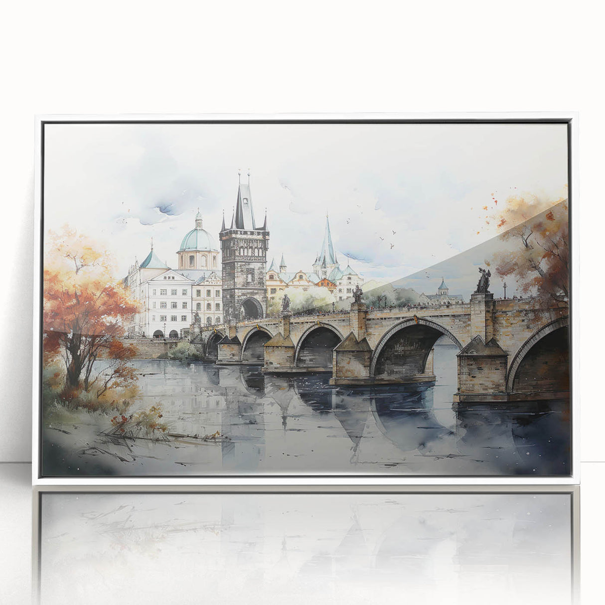 Mid-century modernist art depicting Prague skyline in muted grays and blues on a framed acrylic.