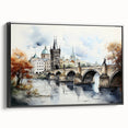 Black and white framed canvas of Prague landscape with vintage poster art style, suitable for bedroom decor.