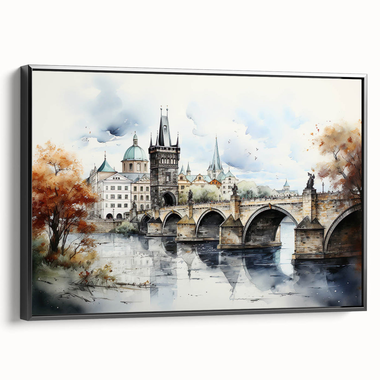 Black and white framed canvas of Prague landscape with vintage poster art style, suitable for bedroom decor.