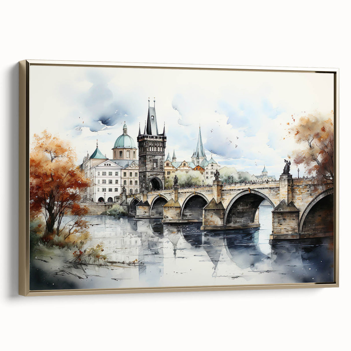 Framed canvas featuring vintage poster art of Prague landscape in black and gold tones, ideal for bedroom wall decor.