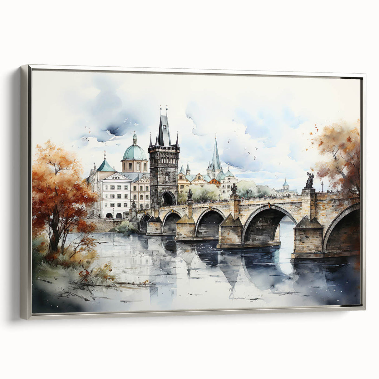Framed canvas landscape art painting depicting Prague's colorful skyline, ideal for living room wall decor.