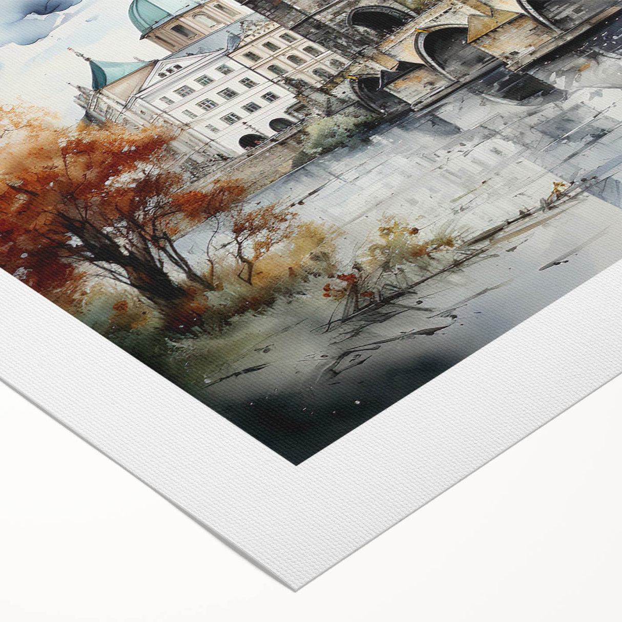 Art deco poster of Prague with muted earth tones on rolled canvas, suitable for dining room or bathroom decor.