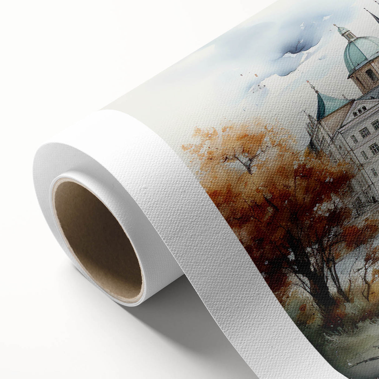 Art Deco-style poster of Prague skyline in muted earth tones on rolled canvas.