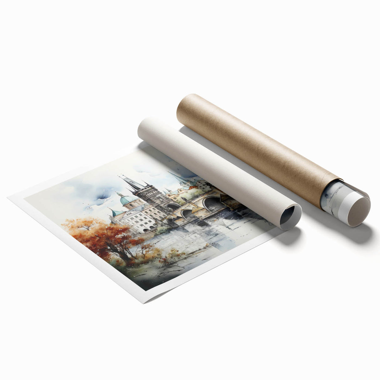 Extra large rolled print of Prague scenery with floral accents in muted colors, ideal for classy bathroom wall art.