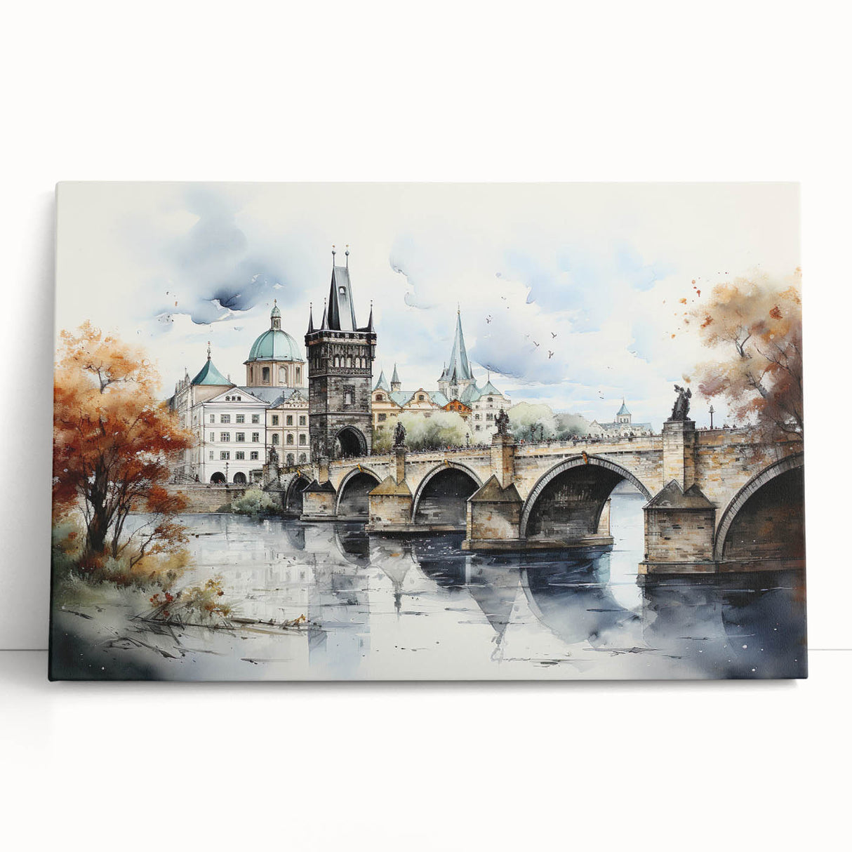 Black and white photograph of Prague skyline on large stretched canvas, ideal for kitchen wall art.