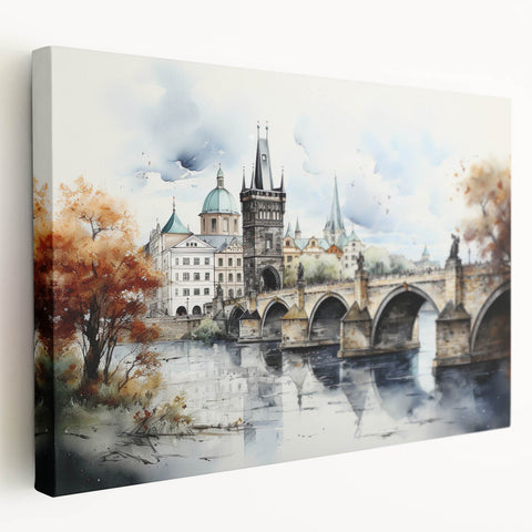 Prague cityscape with muted earth tones on a large stretched canvas, suitable for kitchen wall art.