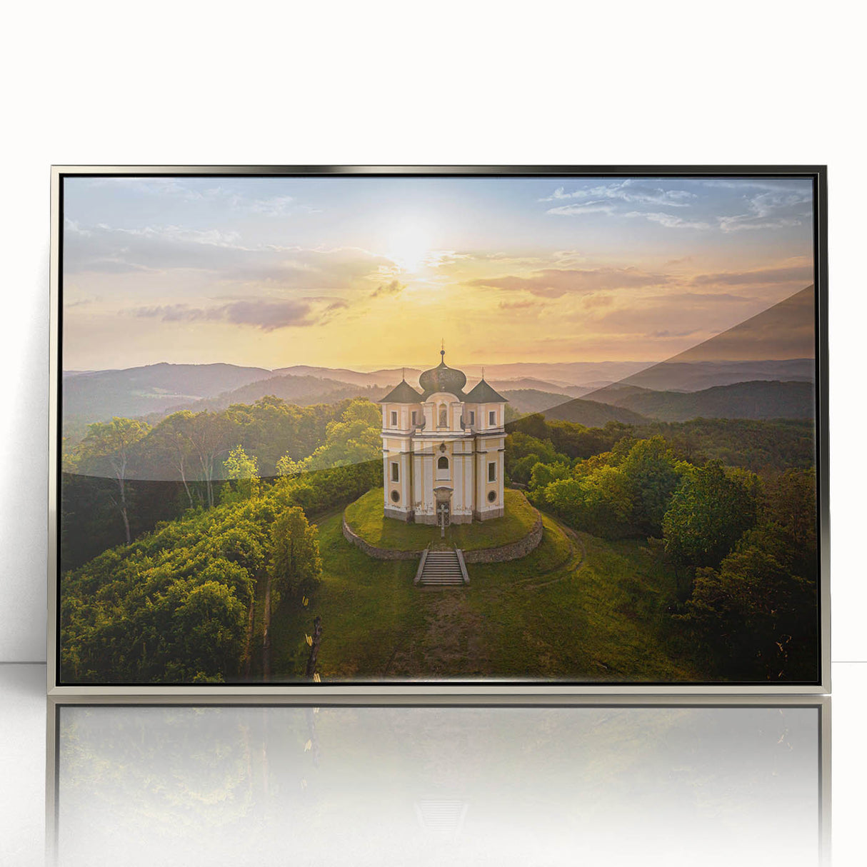 Large acrylic print of a mid-century modernist Czech Republic scenery in muted earth tones, ideal for modern art wall decor.