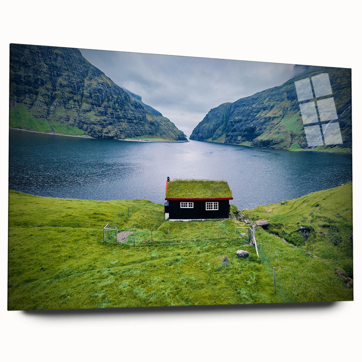 Large abstract wall art of a European scenery in muted blue and green, acrylic glass, ideal for bedroom or dining room decor.