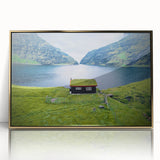 Art Deco poster of a European scenery in Denmark, depicted in muted gold tones on a framed acrylic.