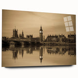 Large abstract depiction of the London skyline in muted gray and blue tones on acrylic glass.