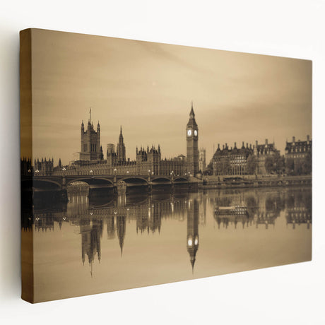 Large canvas print depicting the London skyline in muted gray and blue tones, ideal for kitchen wall art.