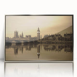 Mid-century modernist art of London skyline in muted gray and blue tones on a framed acrylic, ideal for nursery wall art.