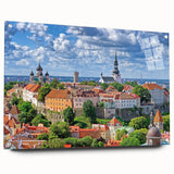 Acrylic print of a large abstract depiction of a European scenery in muted earth tones.