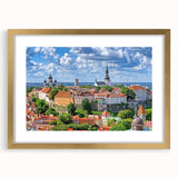 Abstract art print of a European scenery in muted earth tones, framed in gold, suitable for dining room decor.