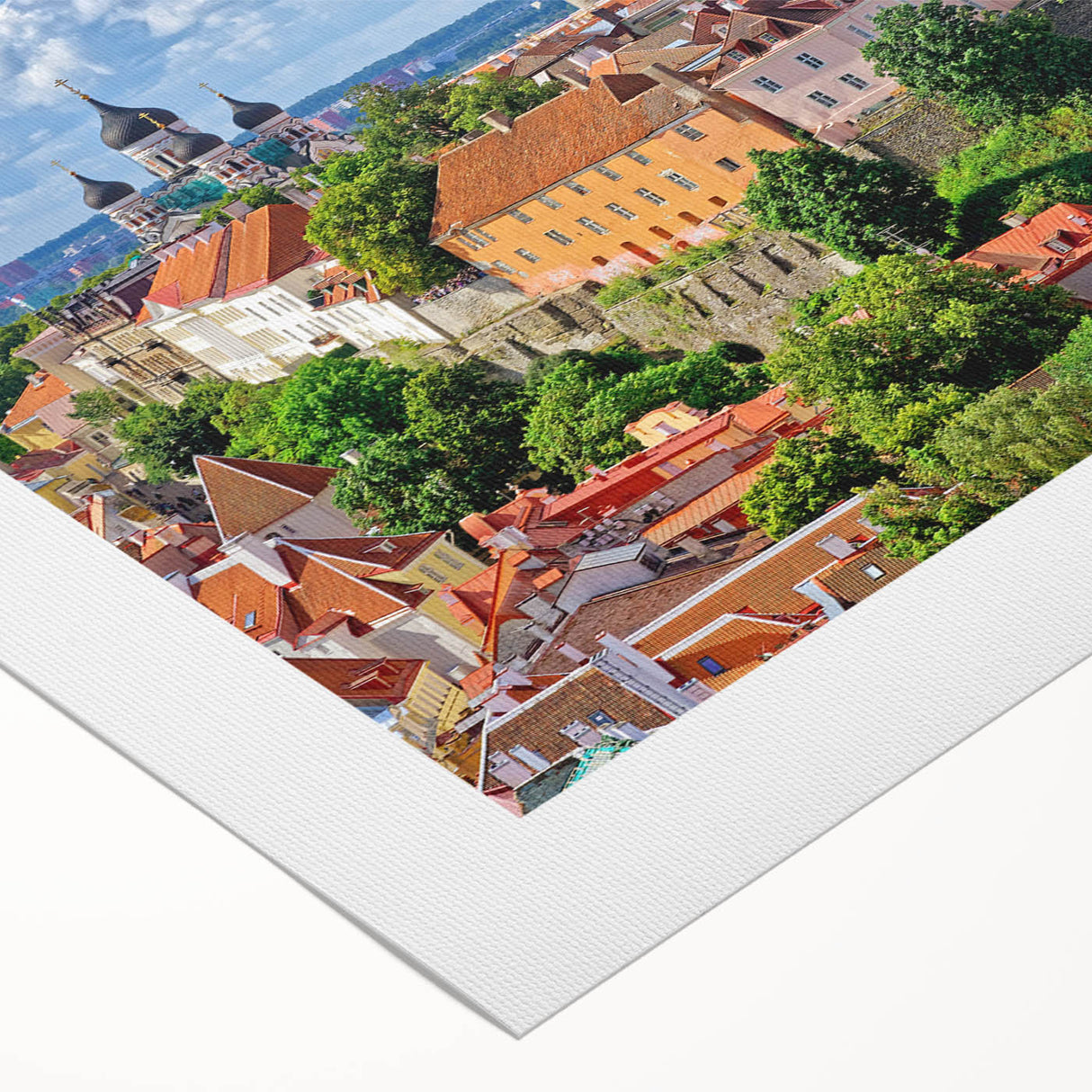 Art deco poster depicting a serene Estonian landscape on rolled canvas, with muted earth tones, ideal for dining room decor.