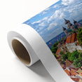 Art Deco style poster of a European cityscape in muted gray and blue tones on rolled canvas, ideal for nursery wall art.
