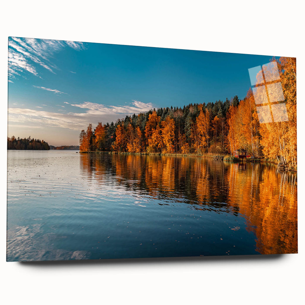 Large abstract wall art depicting a serene Finnish landscape in muted blue and green tones, acrylic print.