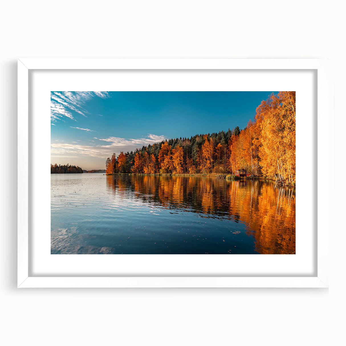 Textured art depicting an abstract Finnish landscape in muted earth tones, presented in a white framed print.