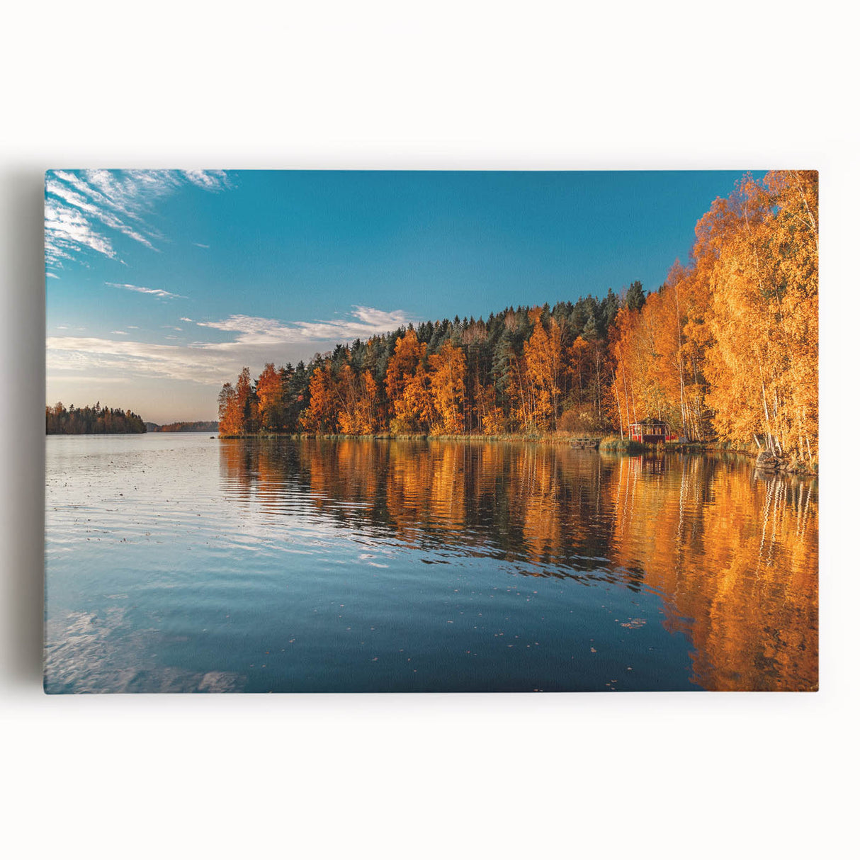 Black and white photograph of a serene Finnish landscape on stretched canvas, ideal for kitchen wall art or bedroom.