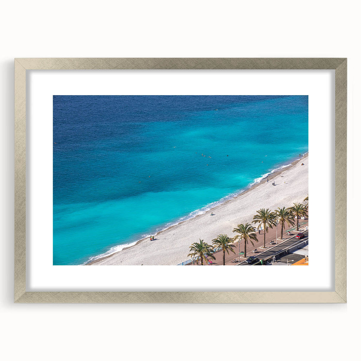 Extra large abstract art print of a textured French landscape in muted earth tones, framed in silver.